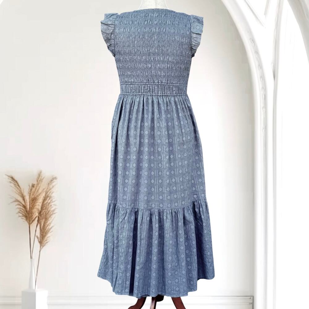 Anthropologie The Peregrine Blue Smocked Midi Dress Ruffle Sleeve Button Front L - Picture 3 of 8